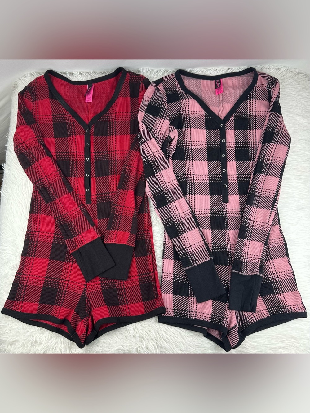 La Senza Pink, Red & Black Plaid Sleep Long Sleeve Pajamas Romper Lot
